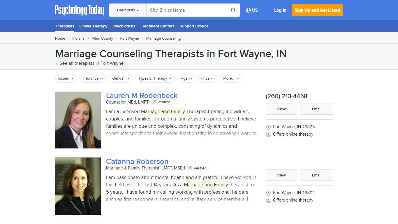 Marriage Counseling Therapists in Fort Wayne, IN